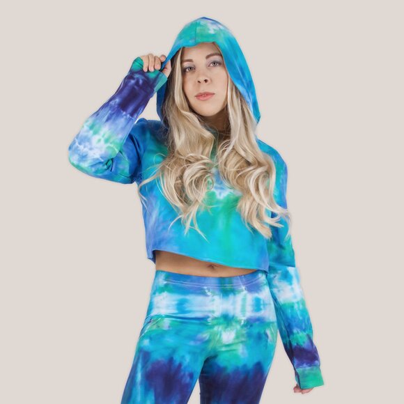 Galapagos Islands Tie Dye Hoodie Crop Top | Blue Teal Purple Long Sleeve Shirt - Picture 1 of 4